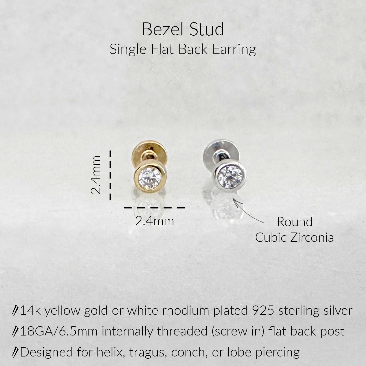 Two bezel stud flat back cartilage earrings with product specs. 925 sterling silver with white rhodium and 14k gold plating. 2.4mm round cubic zirconia gemstones.