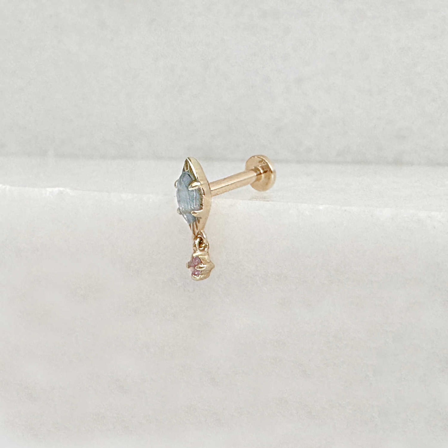Blue Topaz & Amethyst Flat Back Cartilage Earring, 14k Gold, Side View