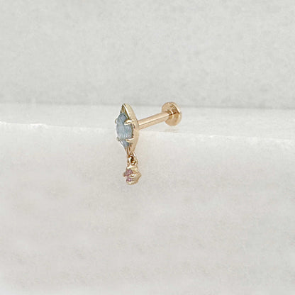 Blue Topaz & Amethyst Flat Back Cartilage Earring, 14k Gold, Side View