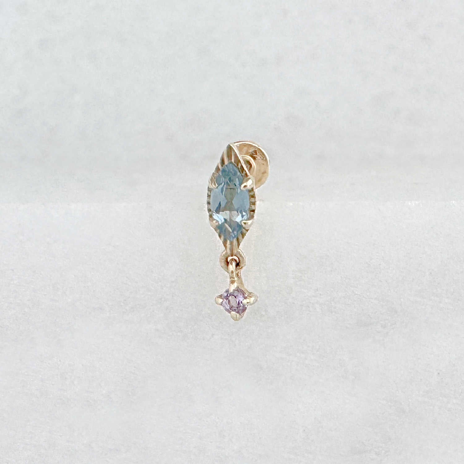 Blue Topaz & Amethyst Flat Back Cartilage Earring for Helix, Conch or Lobe | 14k Gold Piercing Jewelry from Two of Most