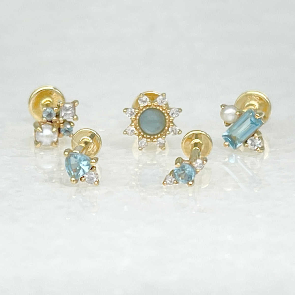 14k Gold & Blue Gemstone Cartilage Piercing Earring Collection
