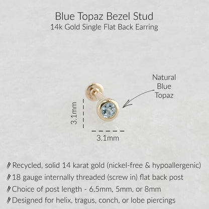 Specs for Blue Topaz Flat Back Earrings | Cartilage Studs for Helix, Tragus, Conch, or Lobe | 14k Yellow Gold 18 Gauge Post in 6.5mm, 5mm or 8mm length