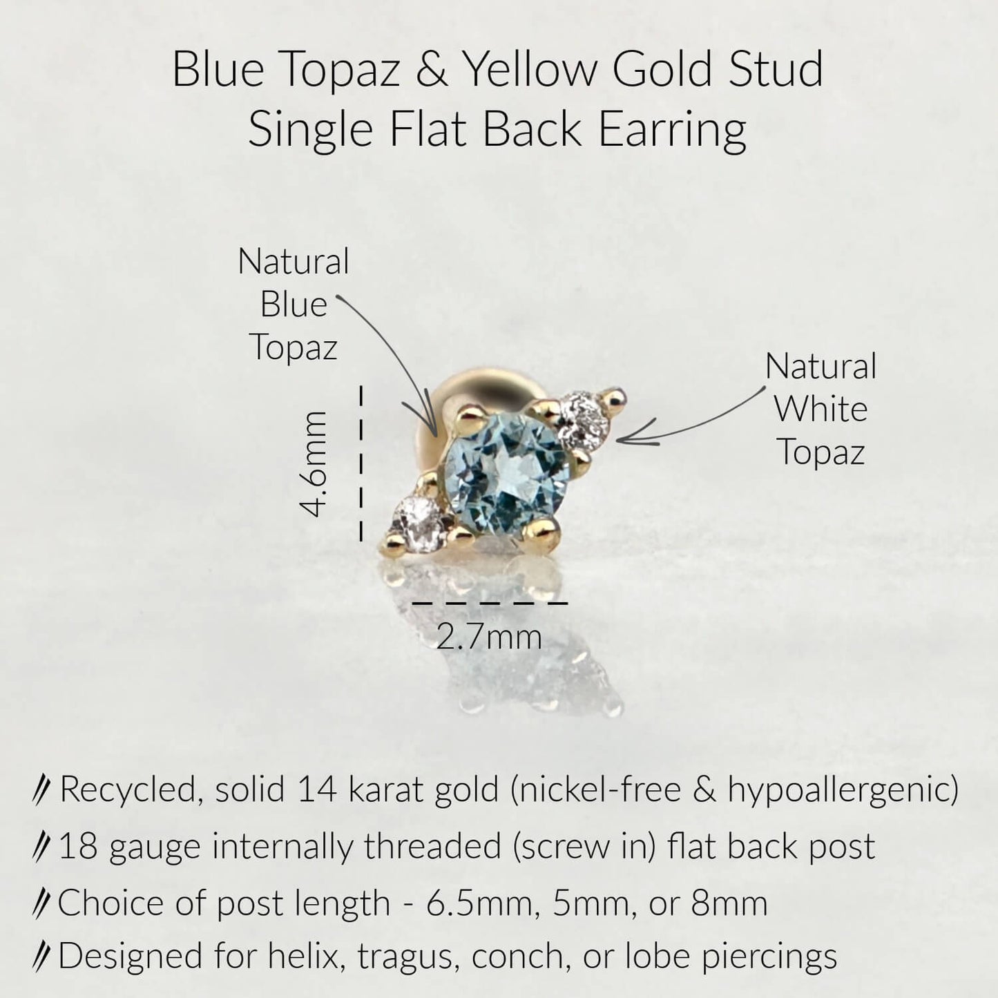 Infographic for Blue Topaz Flat Back Stud Earrings | 3 Stone Earring for Helix, Tragus, Conch, or Lobe | 14k Gold Cartilage Piercing Jewelry from Two of Most