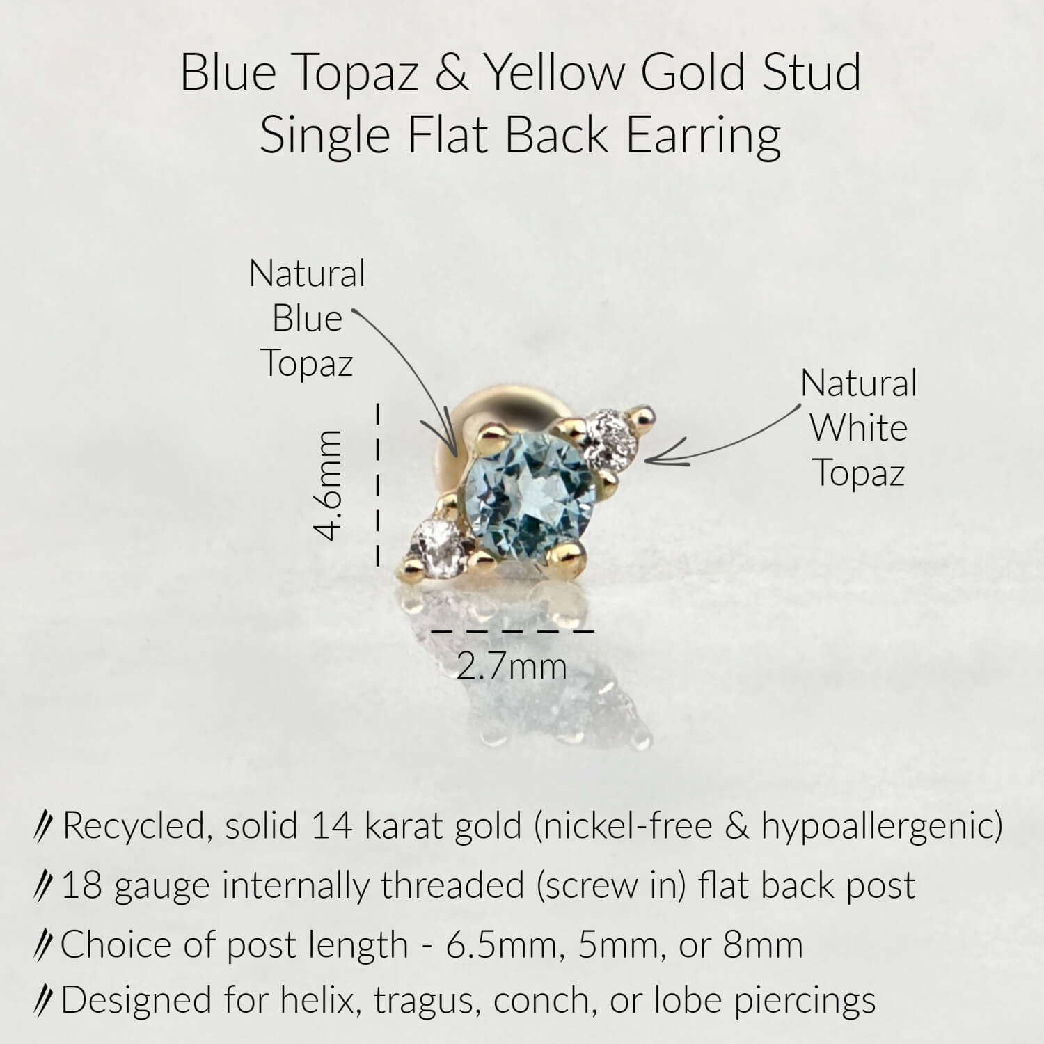 Infographic for Blue Topaz Flat Back Stud Earrings | 3 Stone Earring for Helix, Tragus, Conch, or Lobe | 14k Gold Cartilage Piercing Jewelry from Two of Most