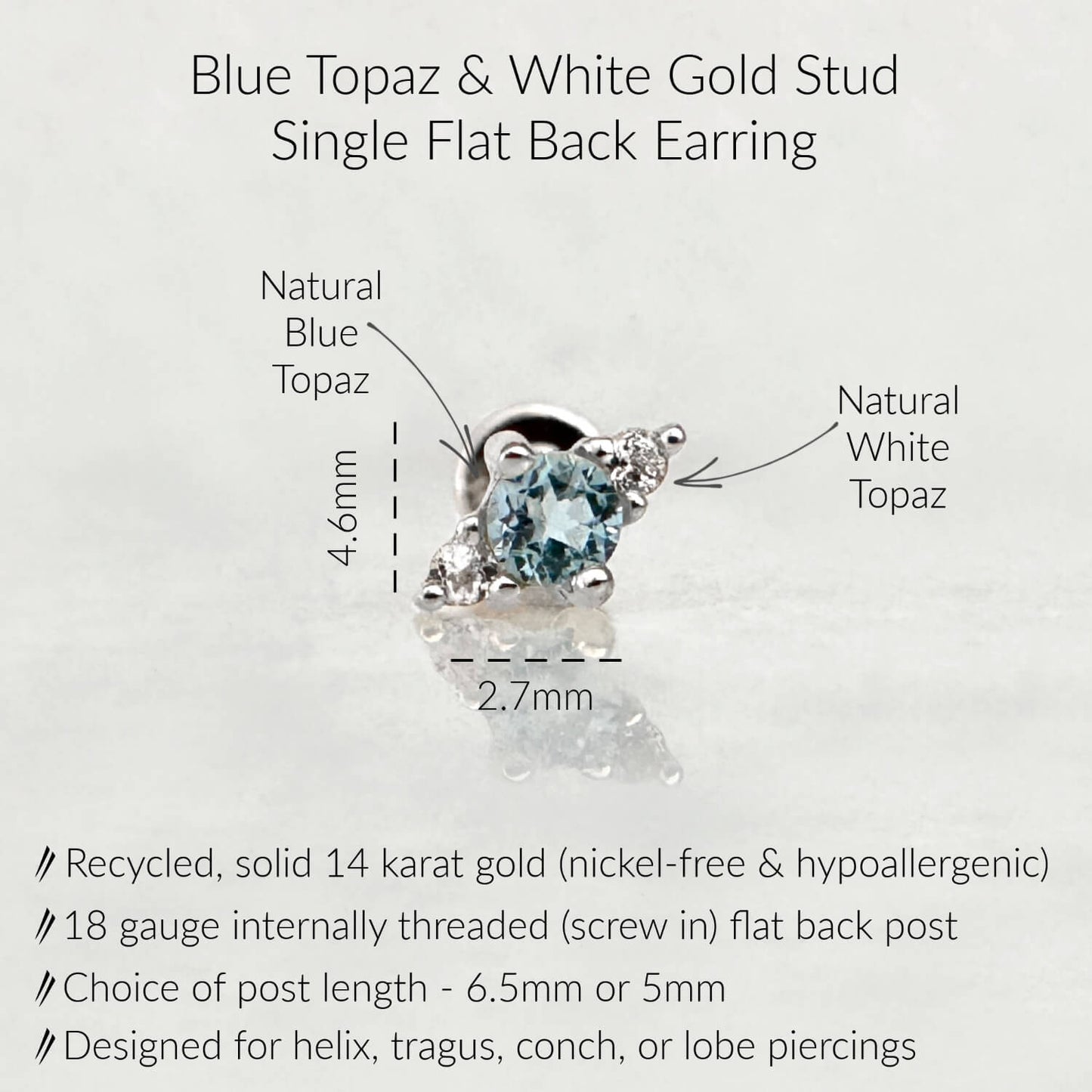 Infographic for Blue Topaz Flat Back Stud Earrings | 3 Stone Earring for Helix, Tragus, Conch, or Lobe | 14k White Gold Cartilage Piercing Jewelry from Two of Most