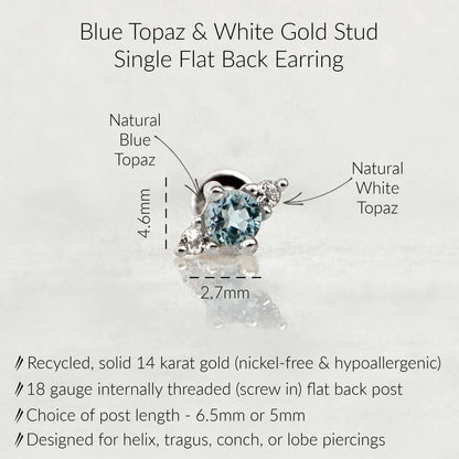 Infographic for Blue Topaz Flat Back Stud Earrings | 3 Stone Earring for Helix, Tragus, Conch, or Lobe | 14k White Gold Cartilage Piercing Jewelry from Two of Most