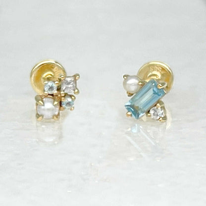 Blue Topaz & Pearl Flat Back Cartilage Earrings, Mismatched Jewelry Set in 14k Gold