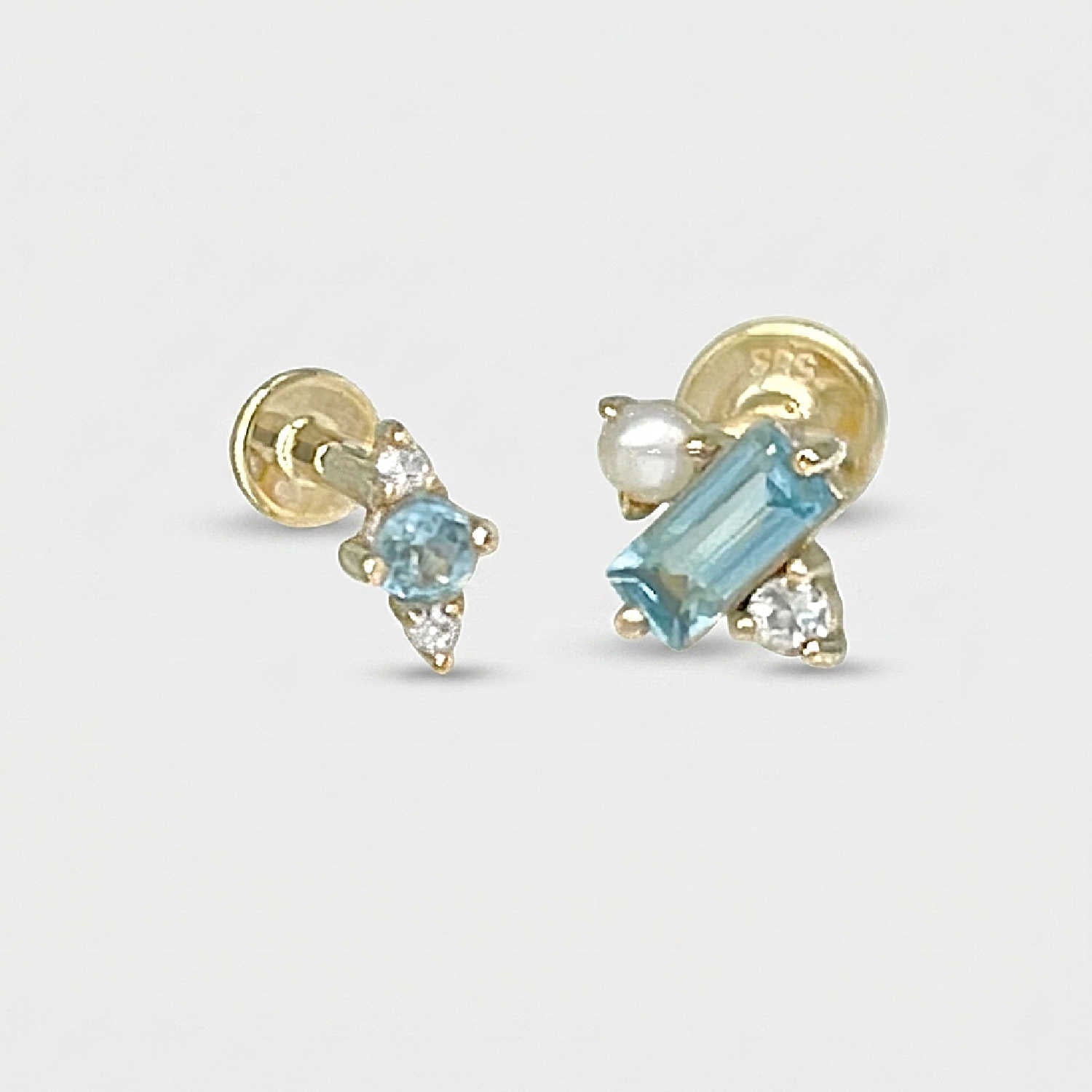 Blue Topaz & Pearl Flat Back Cartilage Earrings, Mismatched Jewelry Set in 14k Gold, From Two of Most