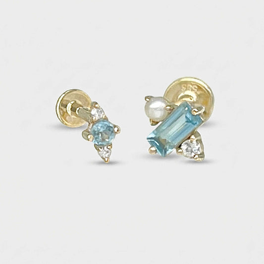 Blue Topaz & Pearl Flat Back Cartilage Earrings, Mismatched Jewelry Set in 14k Gold, From Two of Most