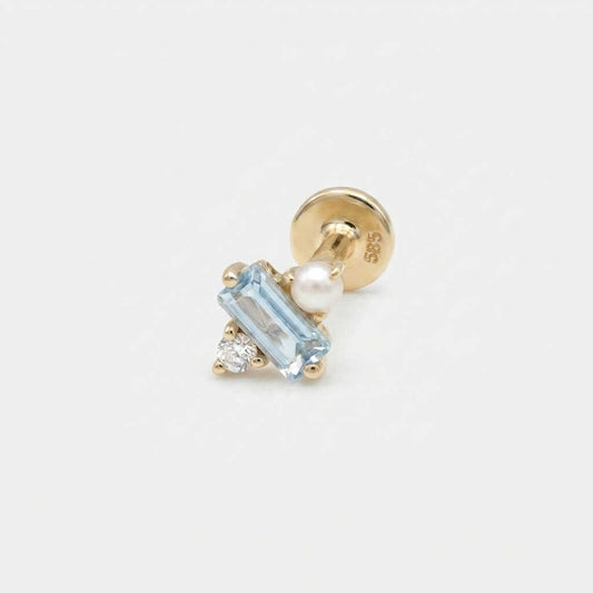 Pearl & Blue Topaz Earring, 14k Gold Flat Back Stud, Cartilage Jewelry for Helix, Conch or Lobe