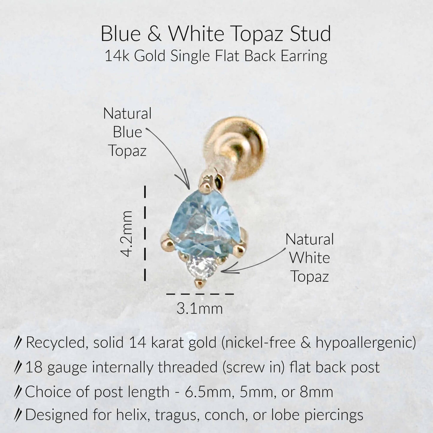Specs for Blue Topaz Flat Back Earrings | Cartilage Studs for Helix, Tragus, Conch, or Lobe | 14k Yellow Gold 18 Gauge Post in 6.5mm, 5mm or 8mm length