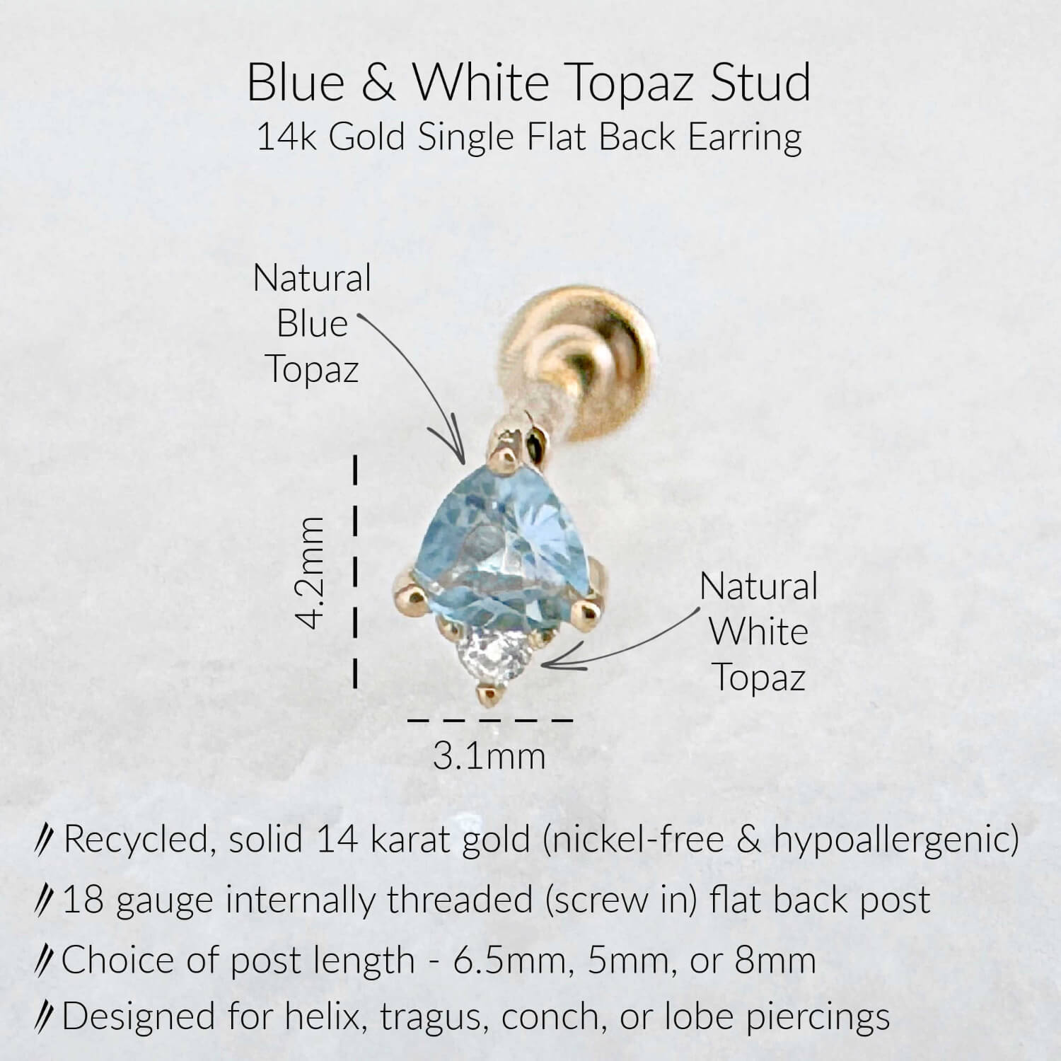 Specs for Blue Topaz Flat Back Earrings | Cartilage Studs for Helix, Tragus, Conch, or Lobe | 14k Yellow Gold 18 Gauge Post in 6.5mm, 5mm or 8mm length