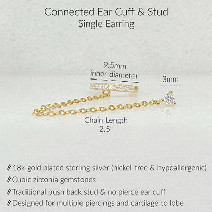 Specs for chain connected ear cuff and stud earring. Gold plated sterling silver and cubic zirconia gemstones.  2.5 inches long, 3mm stud, 9.5mm diameter ear cuff.  Fits cartilage to lobe piercings.