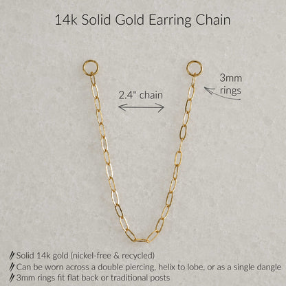 A 14k solid gold earring chain shown on a light gray textured background with text annotations detailing its measurements and features: 2.4-inch chain length, 3mm rings, and product benefits including nickel-free recycled gold and multiple wear styles.