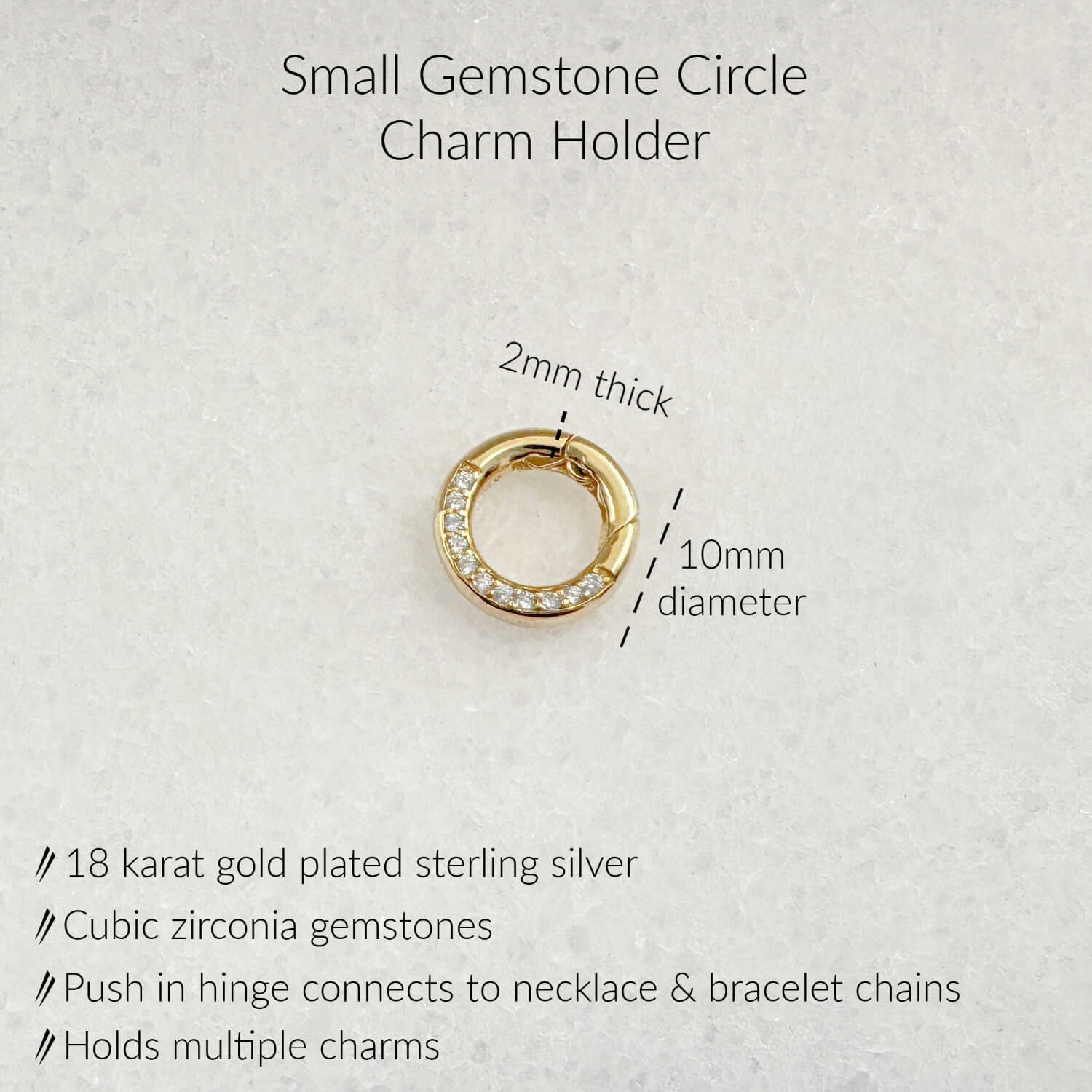 Specs for Small Gemstone Charm Holder - 10mm Gold Plated Sterling Silver Cubic Zirconia Charm Clip with Push in Clasp