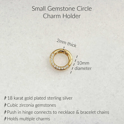 Specs for Small Gemstone Charm Holder - 10mm Gold Plated Sterling Silver Cubic Zirconia Charm Clip with Push in Clasp