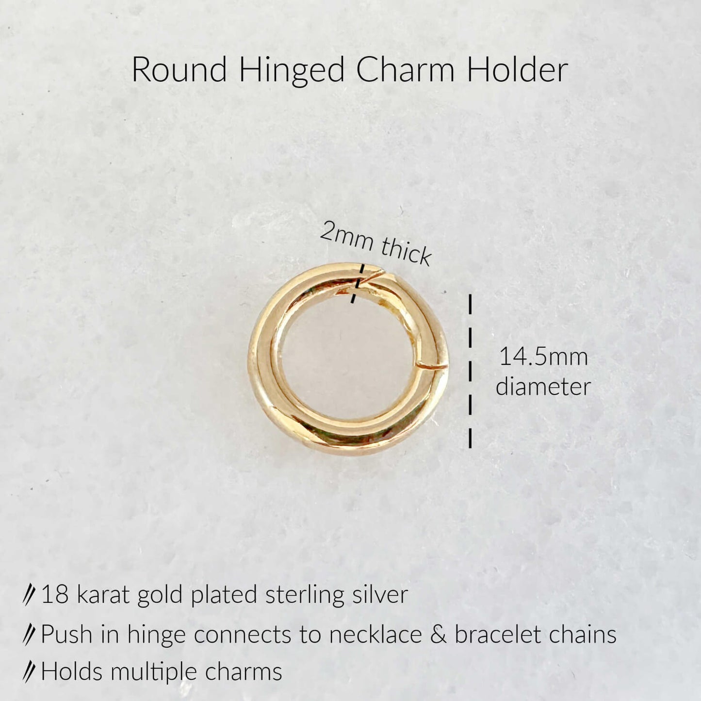 Specs for Large Circular Charm Holder - 14mm Gold Plated Sterling Silver Multi Charm Clip with Push in Clasp
