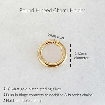 Specs for Large Circular Charm Holder - 14mm Gold Plated Sterling Silver Multi Charm Clip with Push in Clasp