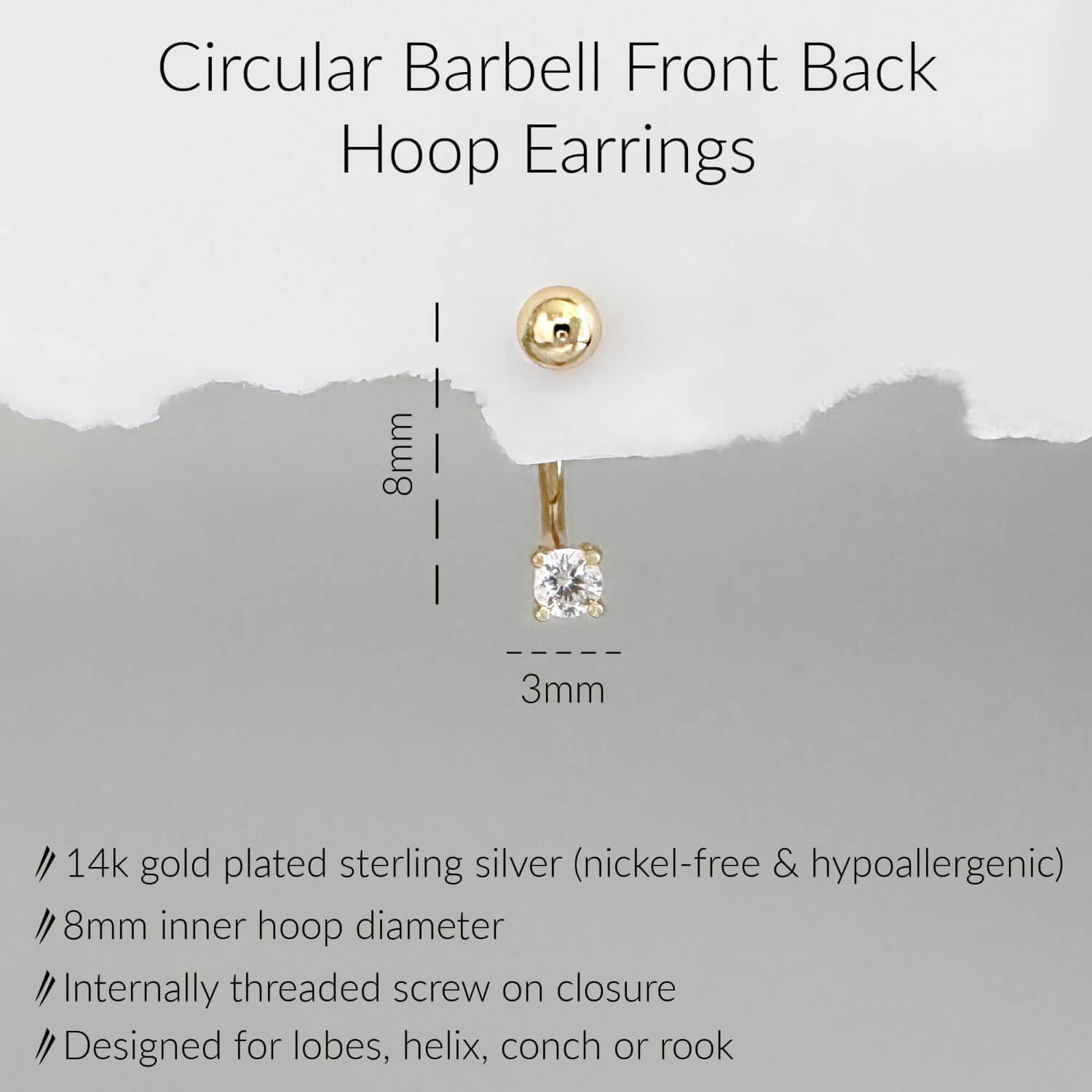 Specs for Gold circular barbell earring: 8mm inner diameter, internally threaded screw on closure, 14k gold plated sterling silver & cubic zirconia