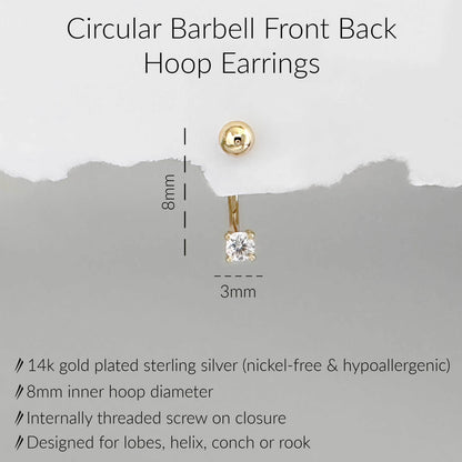 Specs for Gold circular barbell earring: 8mm inner diameter, internally threaded screw on closure, 14k gold plated sterling silver & cubic zirconia