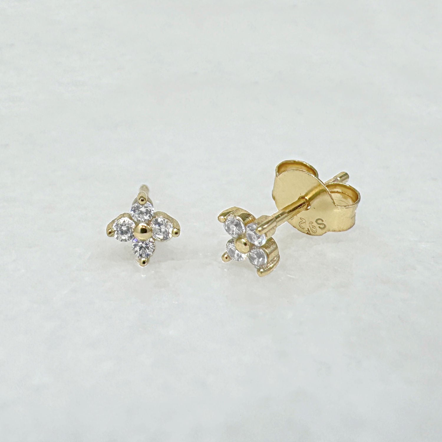 Clover Shaped Stud Earrings in Gold Plated Sterling Silver, Two of Most