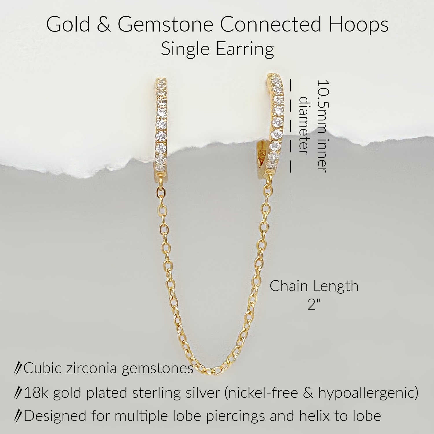 Specs for Gold Chain Connected Hoop Earrings for Double Piercing, 2" Chain, 10.5mm huggies, 18k gold plated sterling silver