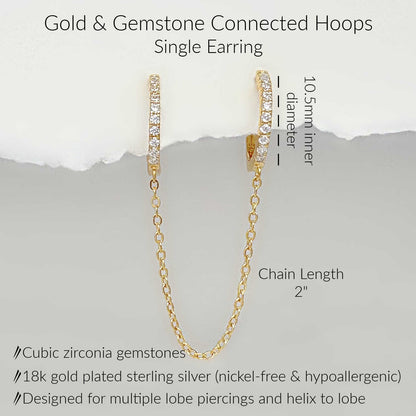 Specs for Gold Chain Connected Hoop Earrings for Double Piercing, 2" Chain, 10.5mm huggies, 18k gold plated sterling silver