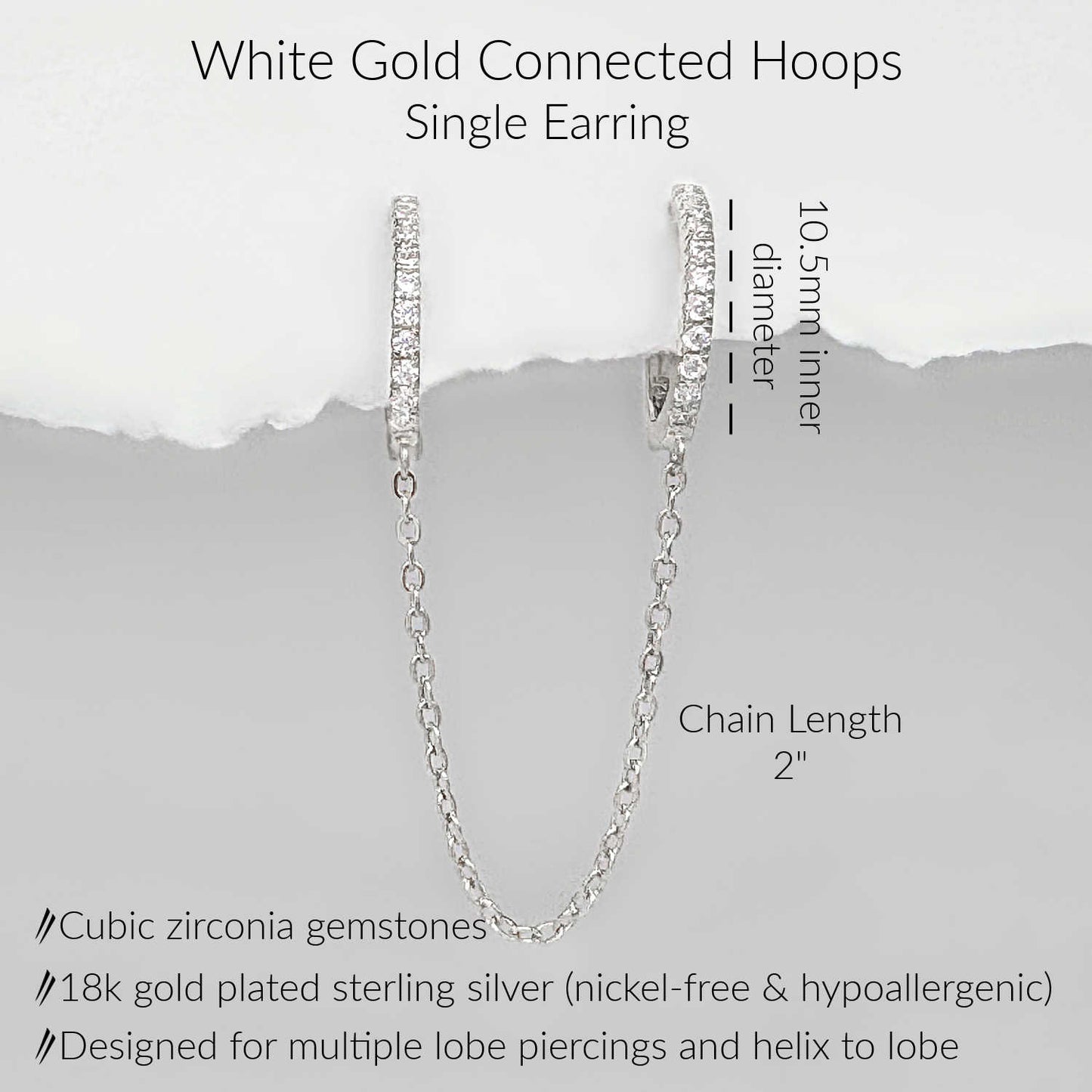 Specs for White Gold Chain Connected Hoop Earrings for Double Piercing, 2" Chain, 10.5mm huggies, 18k gold plated sterling silver