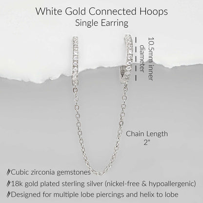 Specs for White Gold Chain Connected Hoop Earrings for Double Piercing, 2" Chain, 10.5mm huggies, 18k gold plated sterling silver