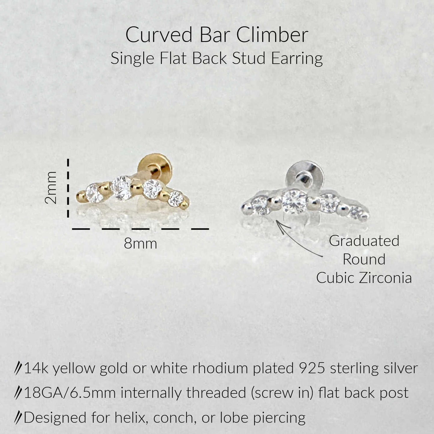 Curved bar climber single flat back stud earring with product dimensions (2mm height, 8mm width) and specifications. The earring features graduated round cubic zirconia stones on a curved bar, shown in both yellow gold and silver-tone finishes.