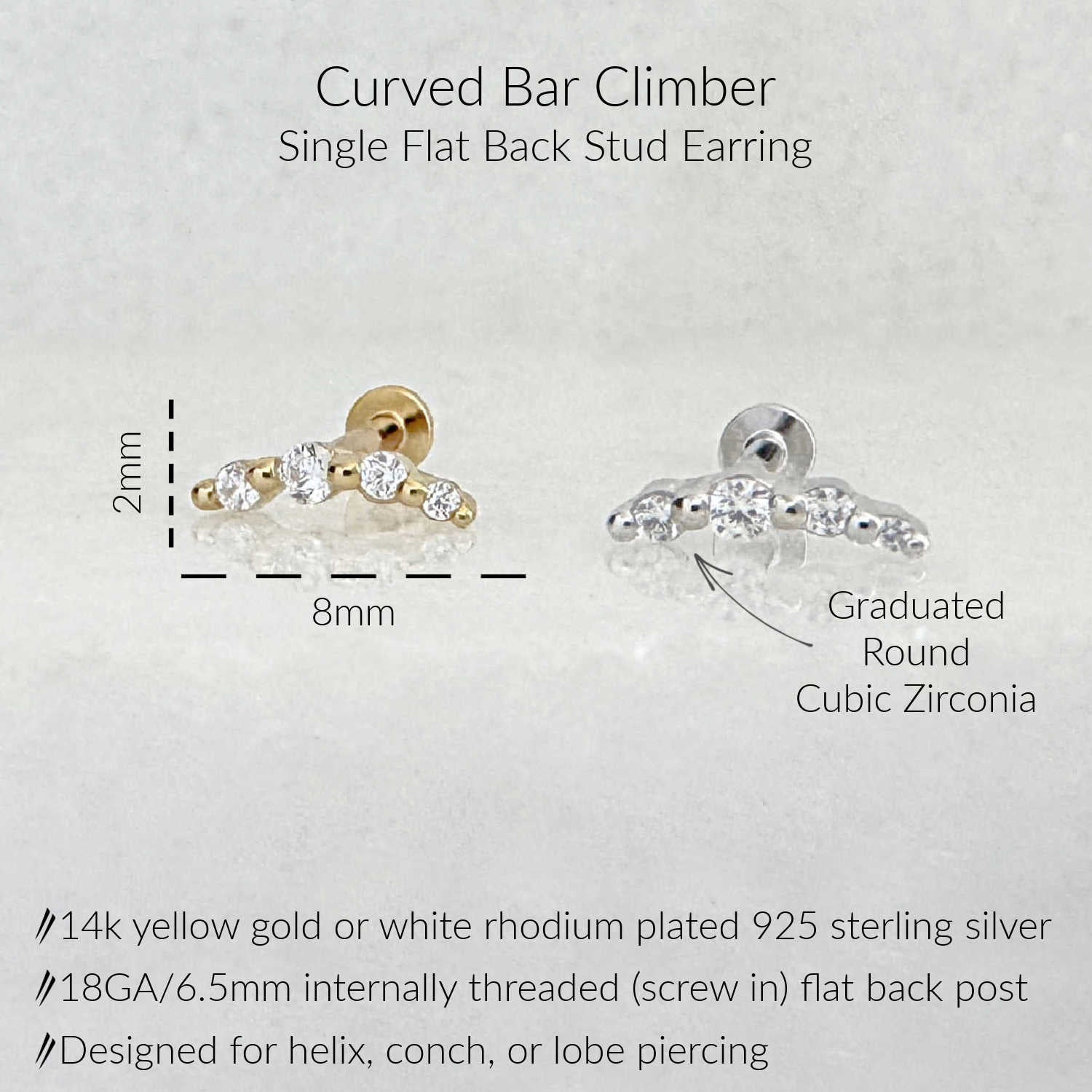 Curved bar climber single flat back stud earring with product dimensions (2mm height, 8mm width) and specifications. The earring features graduated round cubic zirconia stones on a curved bar, shown in both yellow gold and silver-tone finishes.