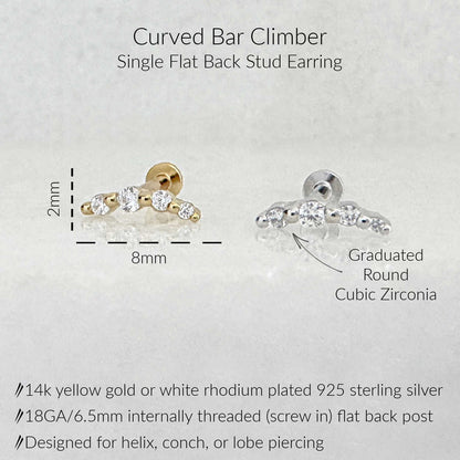 Curved bar climber single flat back stud earring with product dimensions (2mm height, 8mm width) and specifications. The earring features graduated round cubic zirconia stones on a curved bar, shown in both yellow gold and silver-tone finishes.