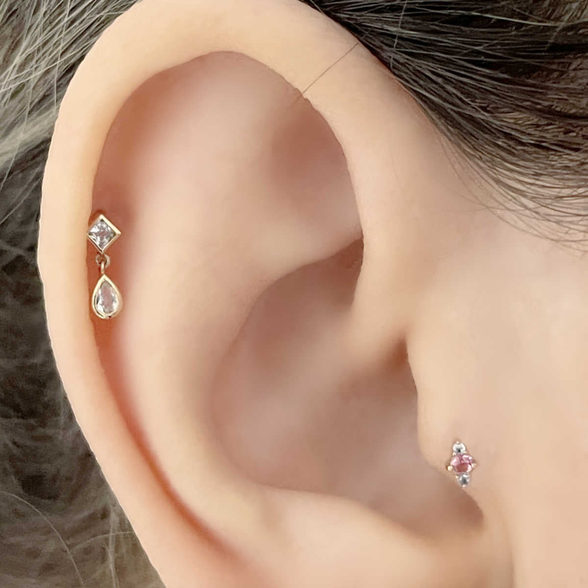 White Topaz Cartilage Dangle Earring on Helix