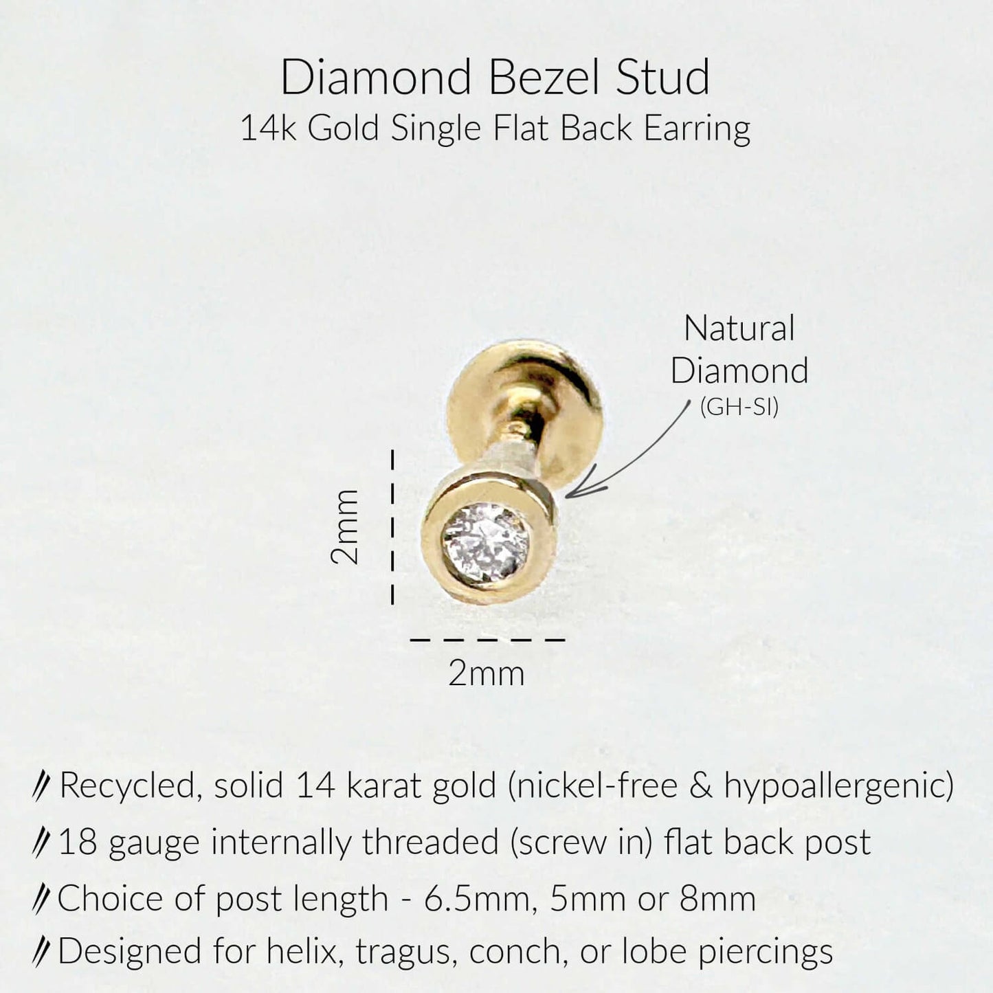 Specs for Diamond Bezel Back Earrings | GH-SI Quality Studs for Helix, Tragus, Conch, or Lobe | 14k Yellow Gold 18 Gauge Post in 6.5mm, 5mm or 8mm length