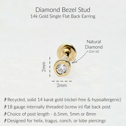 Specs for Diamond Bezel Back Earrings | GH-SI Quality Studs for Helix, Tragus, Conch, or Lobe | 14k Yellow Gold 18 Gauge Post in 6.5mm, 5mm or 8mm length