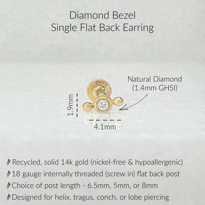 Specs for Tiny Diamond Bezel Flat Back Earring, Solid 14k Gold, 1.4mm round natural diamond, 6.5mm, 5mm or 8mm flat back 18 gauge post