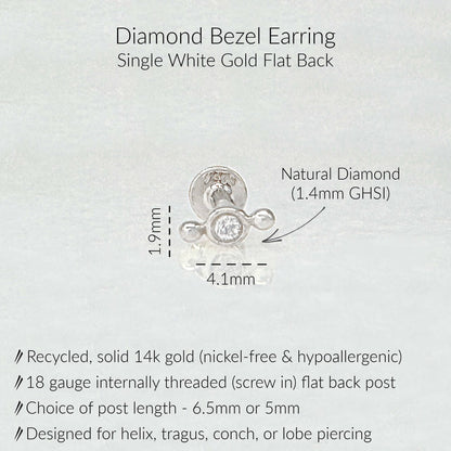 Specs for Tiny Diamond Flat Back Earring, Solid 14k White Gold, 1.4mm round natural diamond, 6.5mm or 5mm flat back 18 gauge post