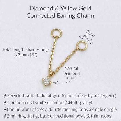 Specs for 14k Gold & Diamond Double Piercing Connected Earring Charm, .9" Long, 2mm Jump Rings, Solid 14k Gold and GH-SI Natural Diamond