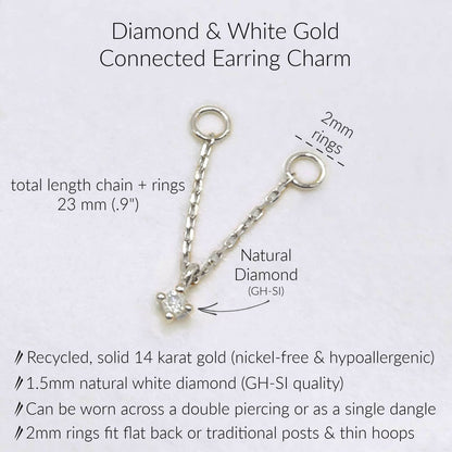 Specs for 14k White Gold & Diamond Double Piercing Connected Earring Charm, .9" Long, 2mm Jump Rings, Solid 14k Gold and GH-SI Natural Diamond