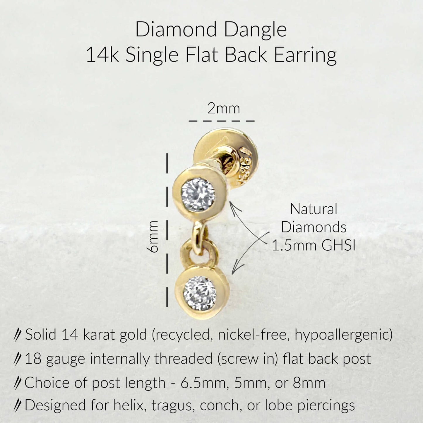 Specs for Diamond Dangle Flat Back Earring, Solid 14k Gold, 1.5mm GHSI quality real diamonds
