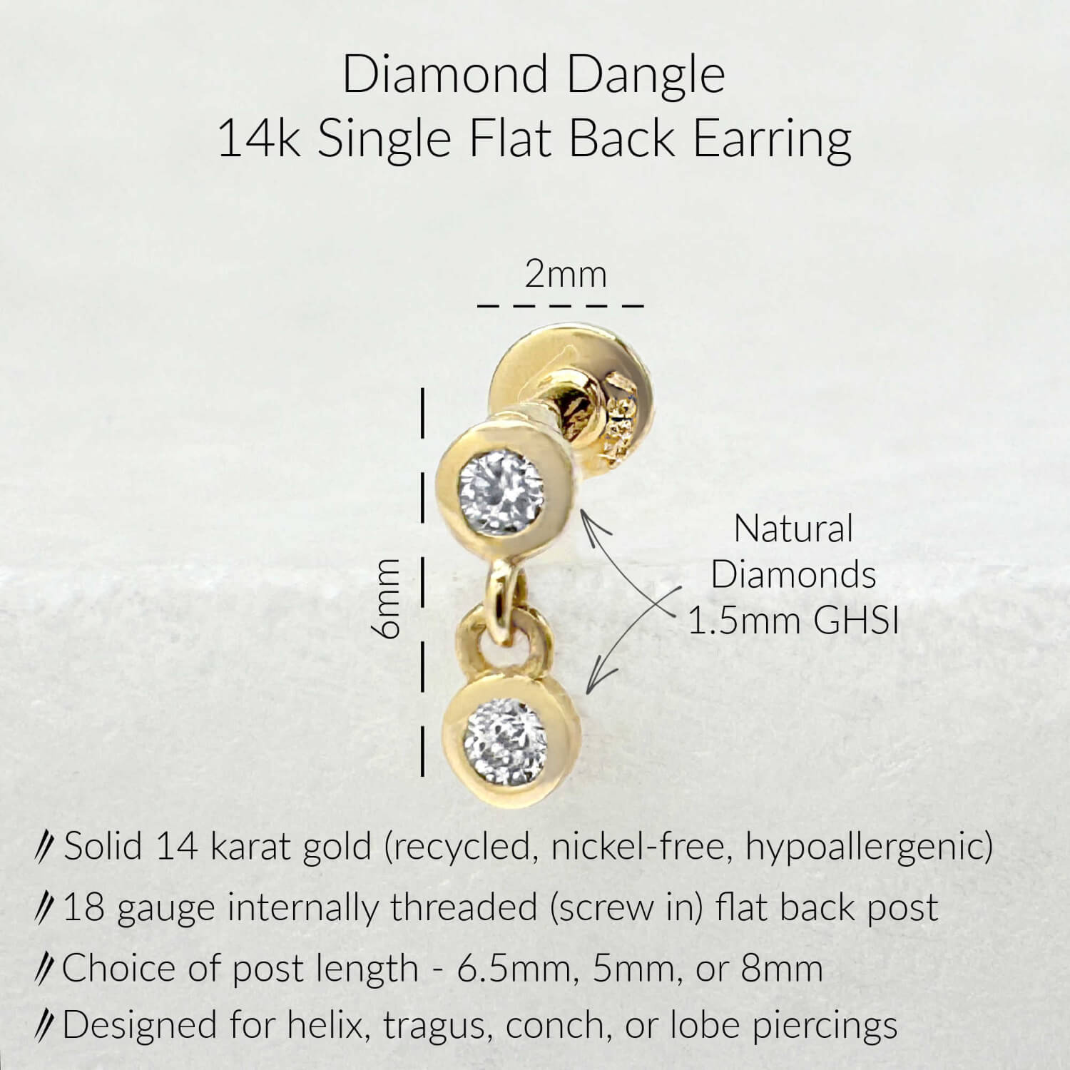 Specs for Diamond Dangle Flat Back Earring, Solid 14k Gold, 1.5mm GHSI quality real diamonds