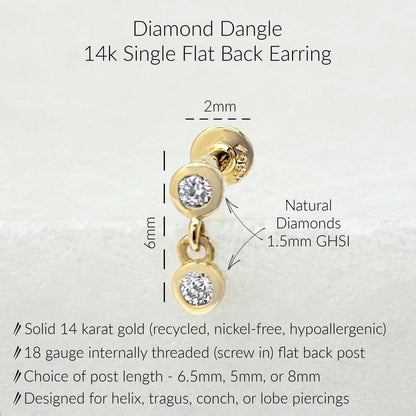 Specs for Diamond Dangle Flat Back Earring, Solid 14k Gold, 1.5mm GHSI quality real diamonds