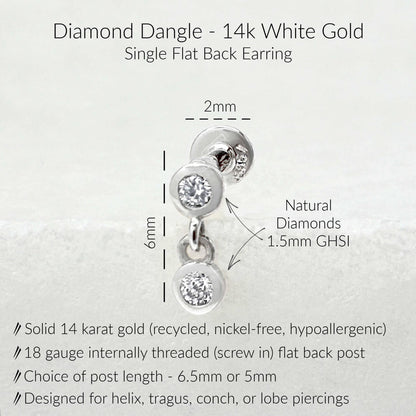 Specs for Diamond Dangle Cartilage Stud, 14k White Gold, 1.5mm GHSI quality real diamonds, 6.5mm or 5mm 18 gauge post