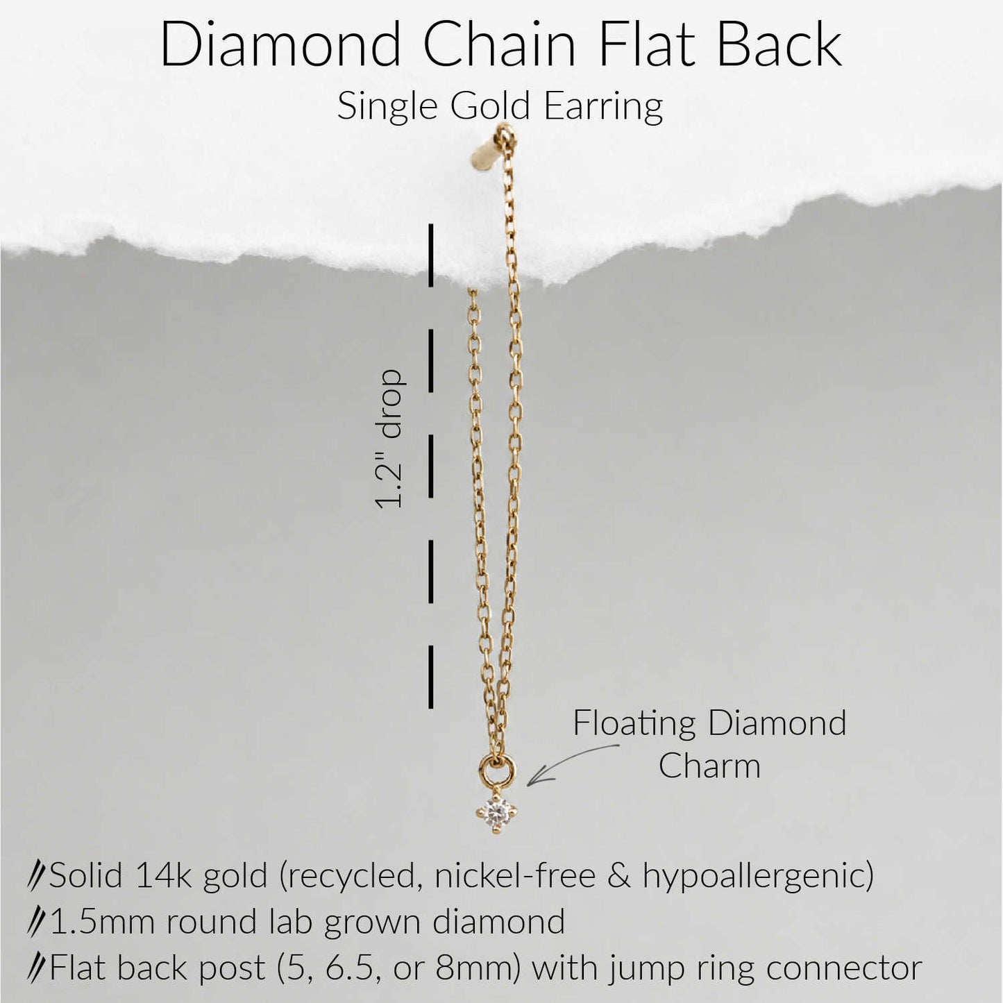 A single gold earring with a long chain and a dangling diamond charm, shown on a gray background with text labels describing it as a 'Diamond Chain Flat Back' and 'Single Gold Earring.' The image includes measurement callouts and product feature notes.