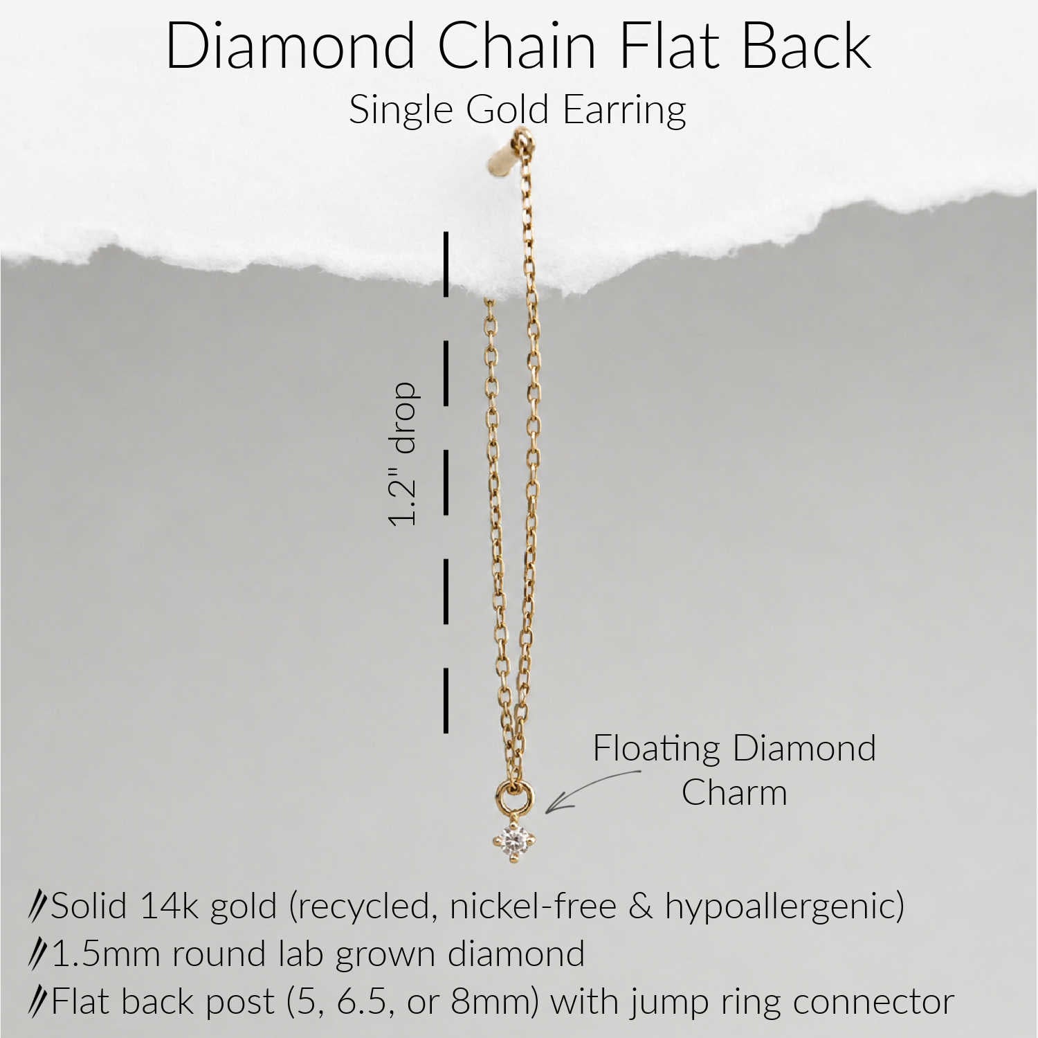 A single gold earring with a long chain and a dangling diamond charm, shown on a gray background with text labels describing it as a 'Diamond Chain Flat Back' and 'Single Gold Earring.' The image includes measurement callouts and product feature notes.