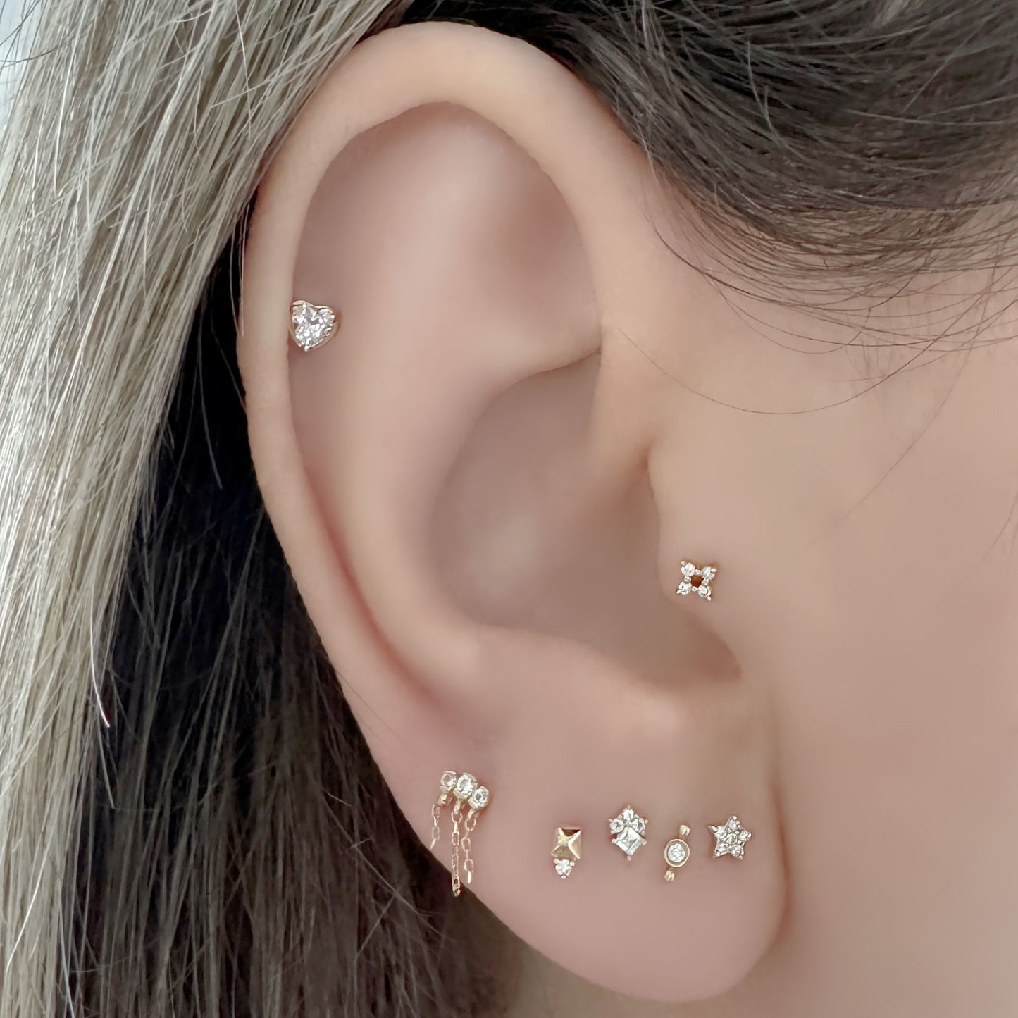 Diamond Flat Back Earrings on Model, 14k Gold Stud Earrings for Helix, Tragus, Conch or Lobe, Two of Most