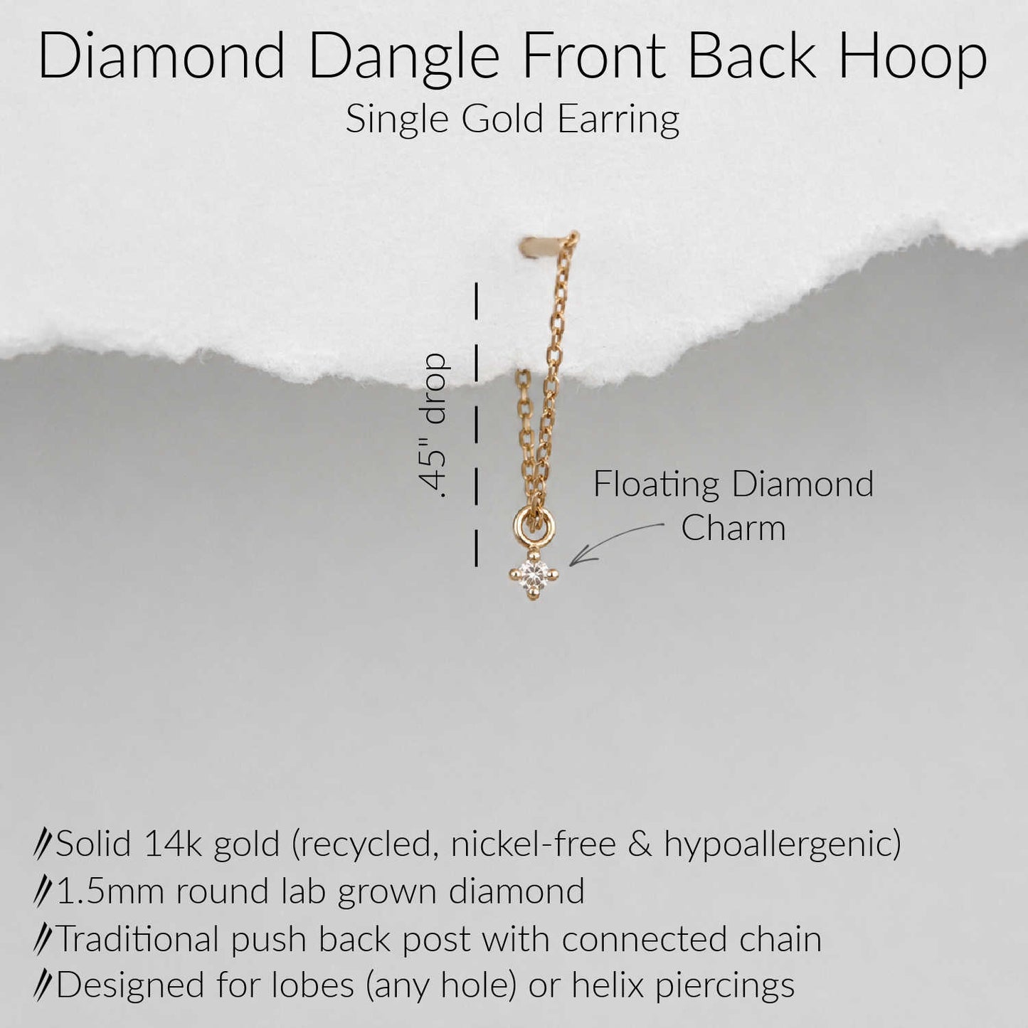 A single gold dangling earring with a small round-cut diamond charm, shown on a light gray background with text labels describing the product features and measurements.