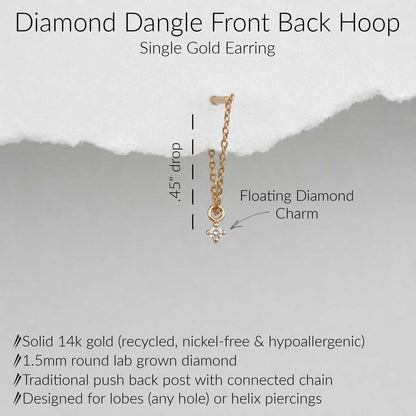 A single gold dangling earring with a small round-cut diamond charm, shown on a light gray background with text labels describing the product features and measurements.