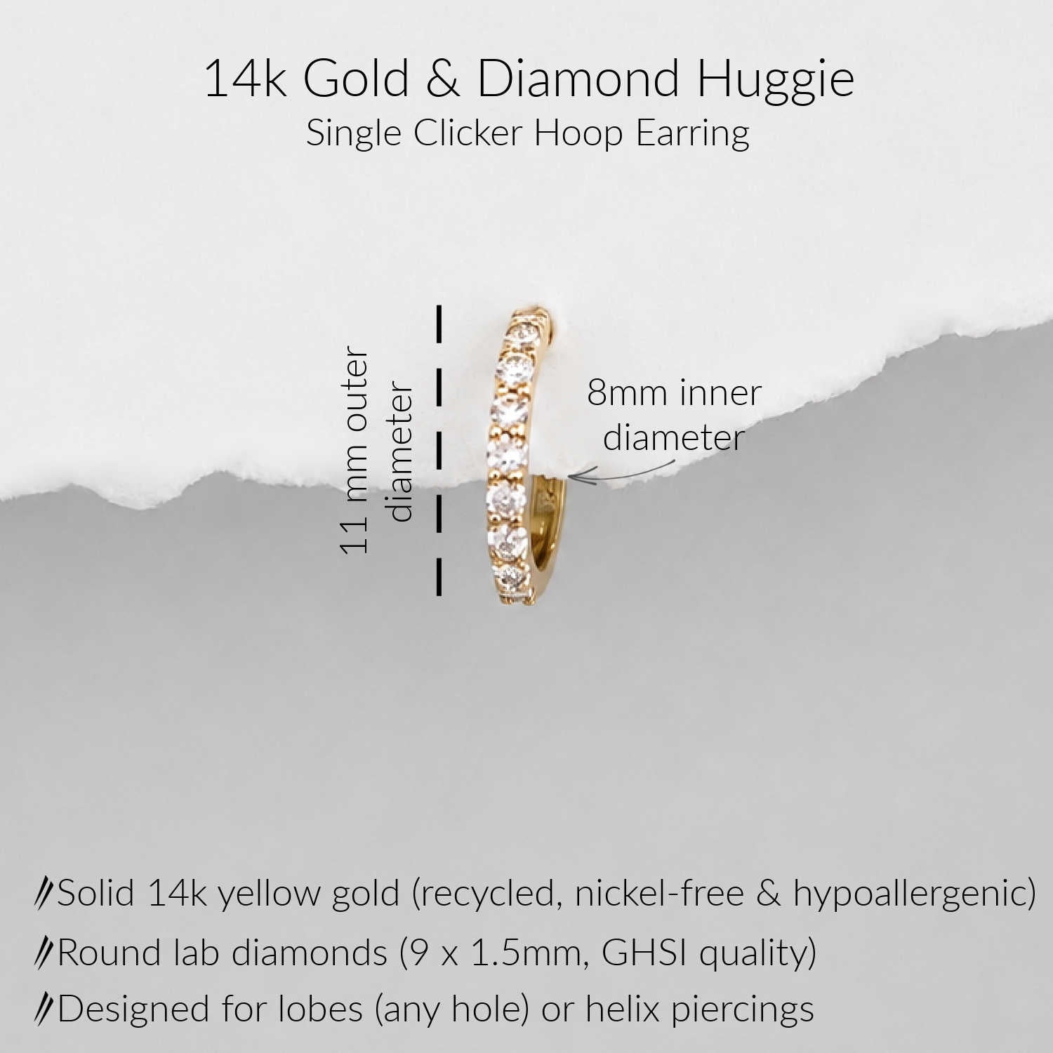 A 14k yellow gold single-clicker huggie hoop earring with round lab diamonds, shown on a light gray background with text detailing its dimensions (11mm outer diameter, 8mm inner diameter) and material specifications.