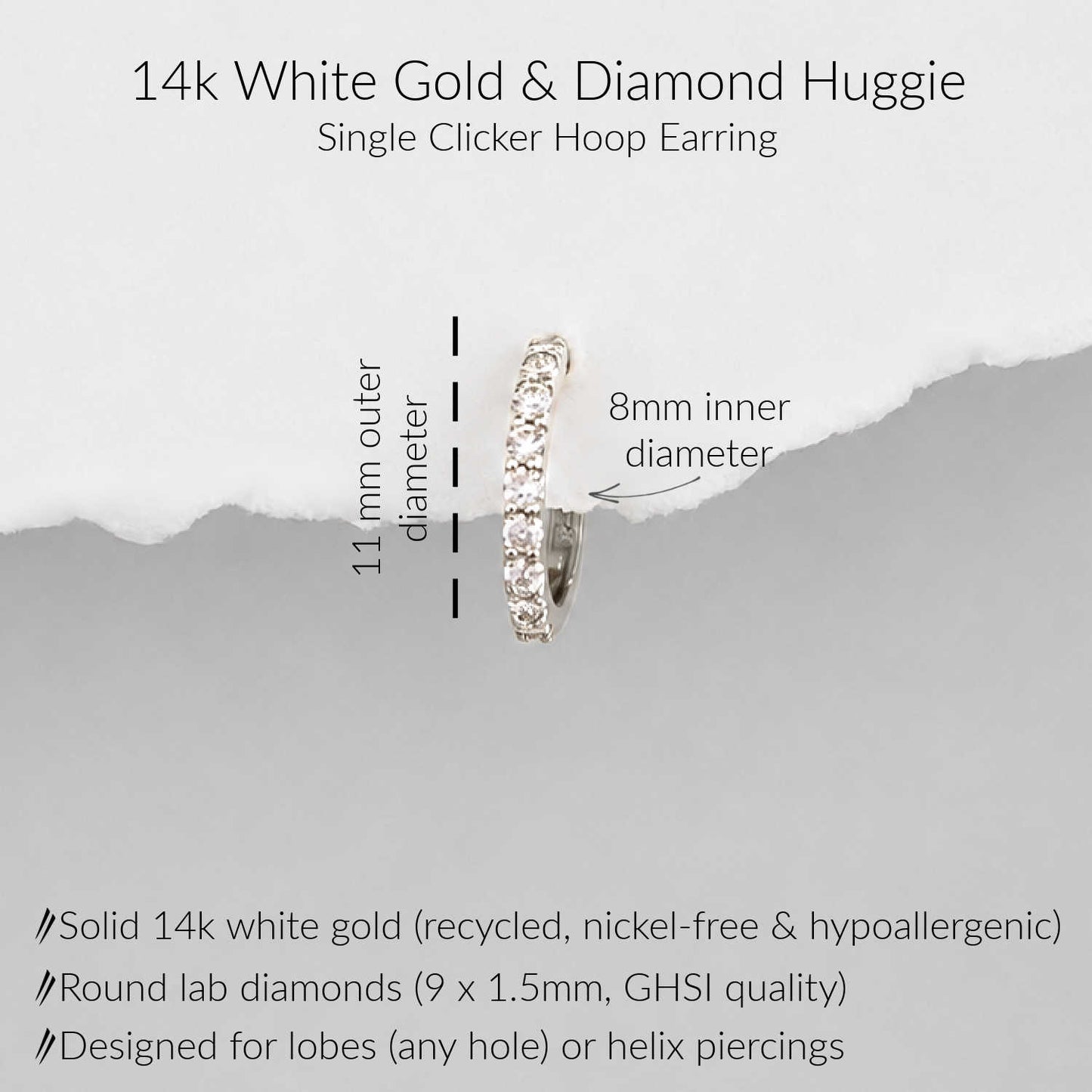A 14k white gold single-clicker huggie hoop earring with round lab diamonds, shown on a light gray background with text detailing its dimensions (11mm outer diameter, 8mm inner diameter) and material specifications.